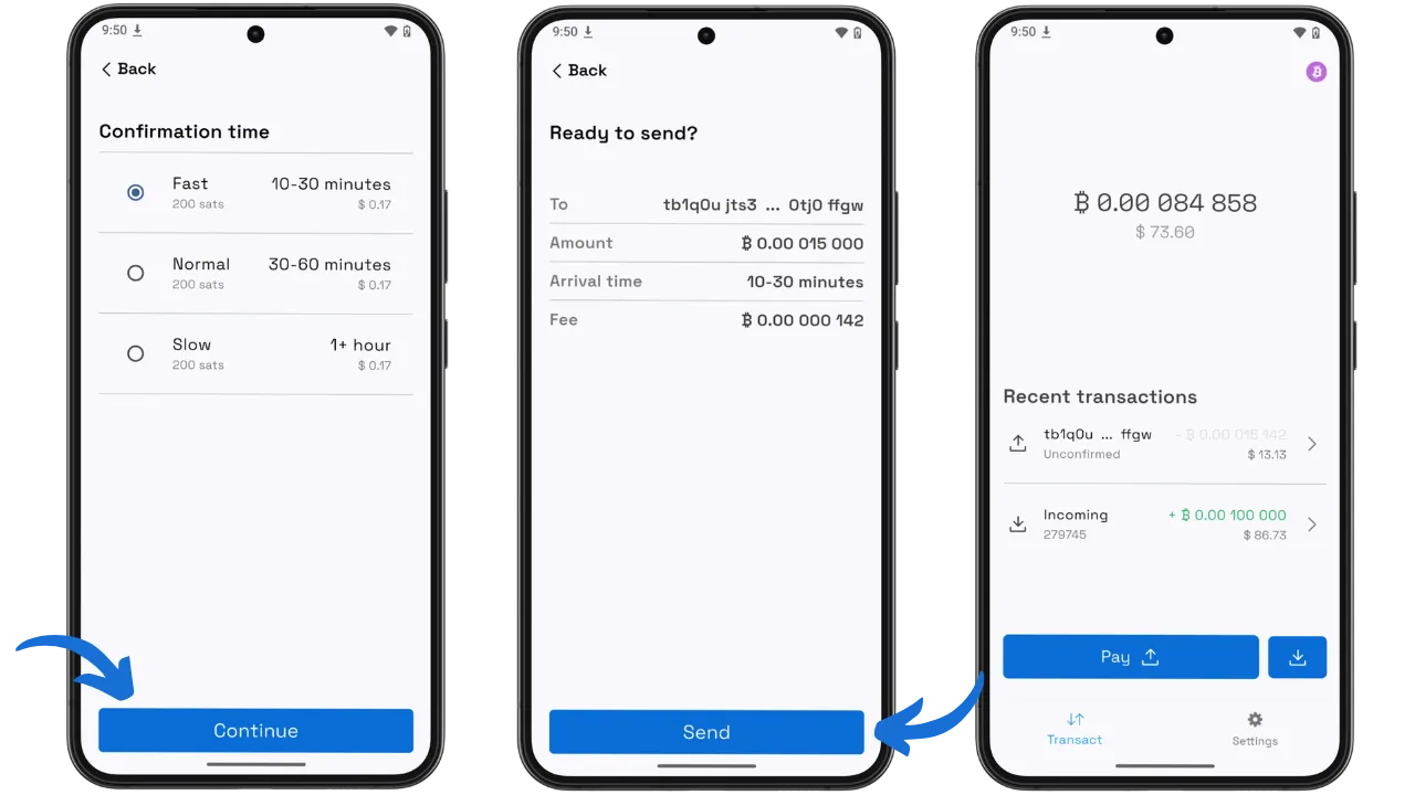 Sélection des frais, confirmation et transaction envoyée
