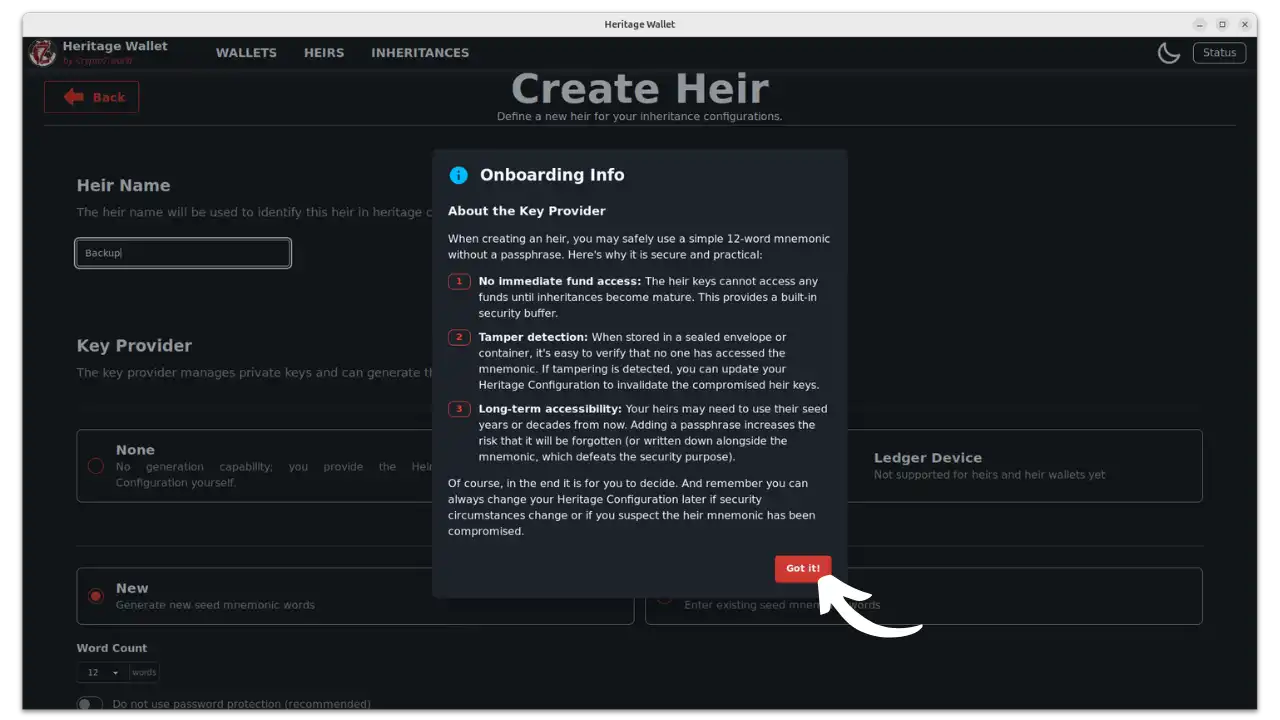 Création héritier Backup