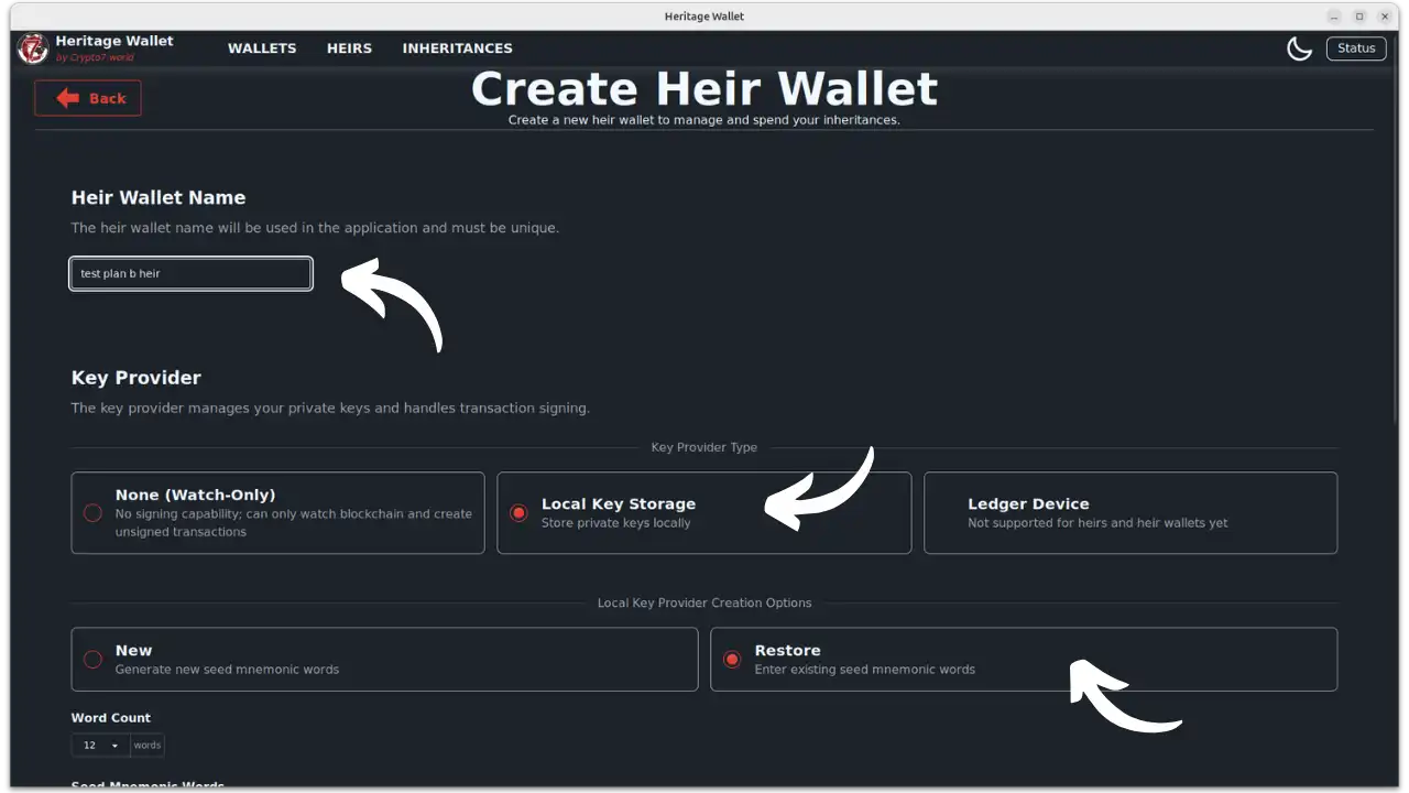 Formulaire Heir Wallet