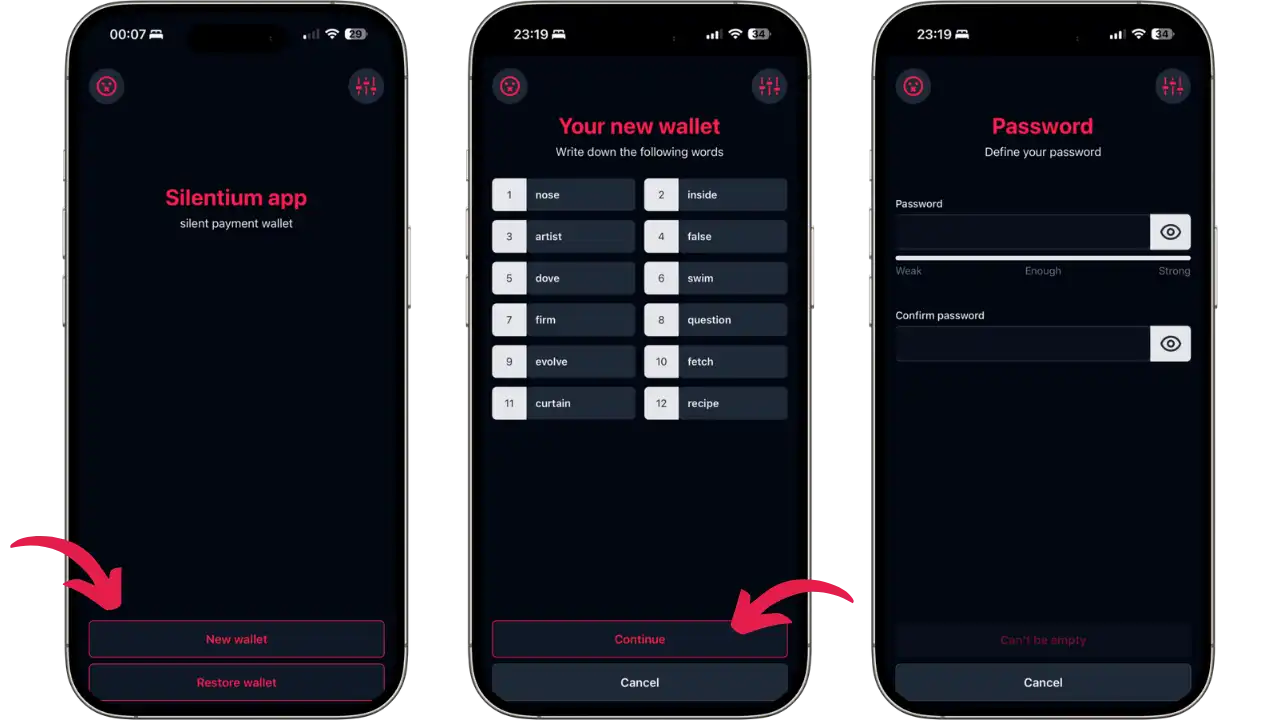 Création d'un nouveau wallet avec phrase de récupération