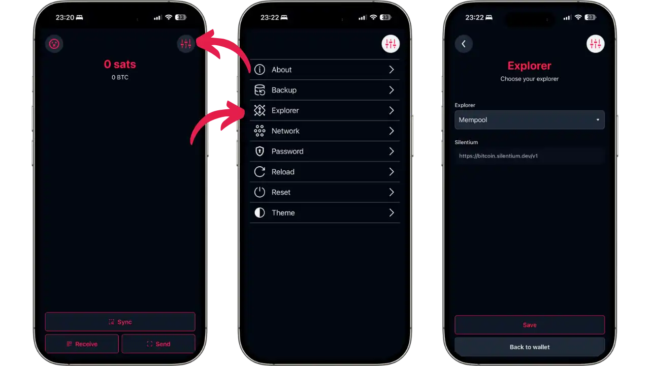 Interface principale et paramètres avec Explorer