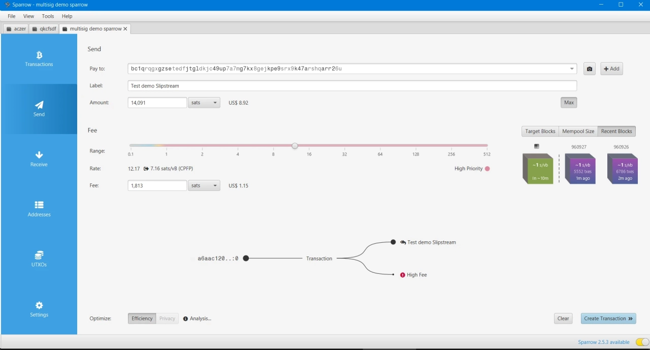 Creating the transaction in Sparrow