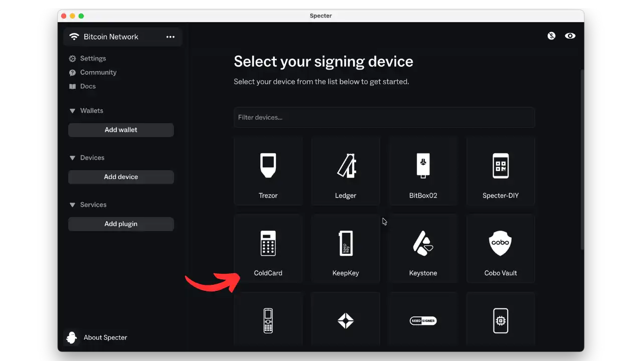 Sélection du type de hardware wallet