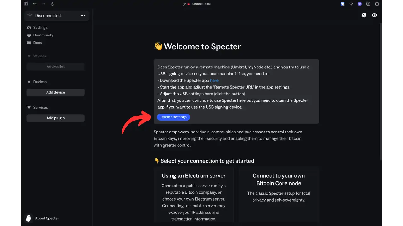 Écran de bienvenue Specter sur Umbrel